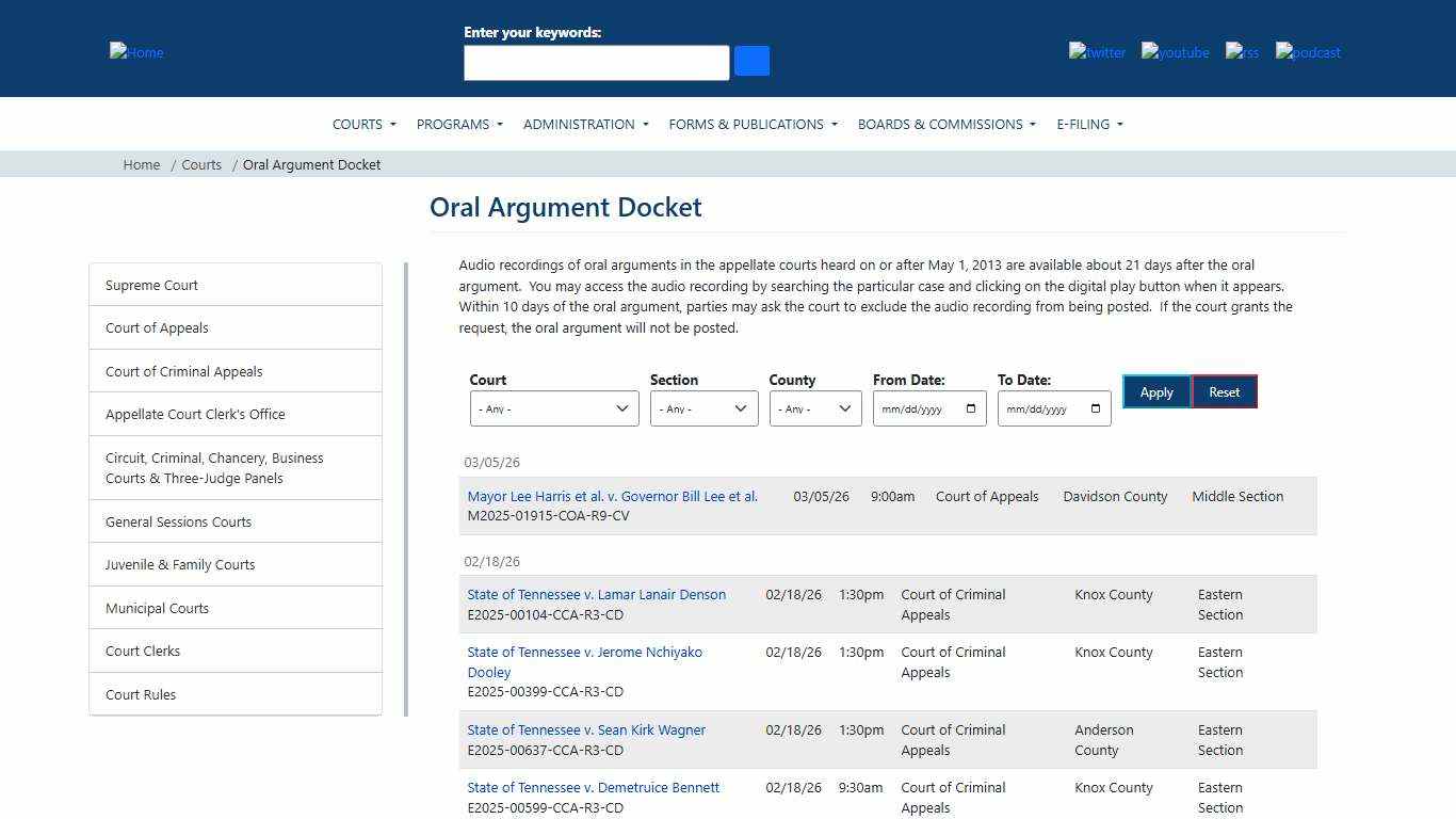 Oral Argument Docket | Tennessee Administrative Office of the Courts